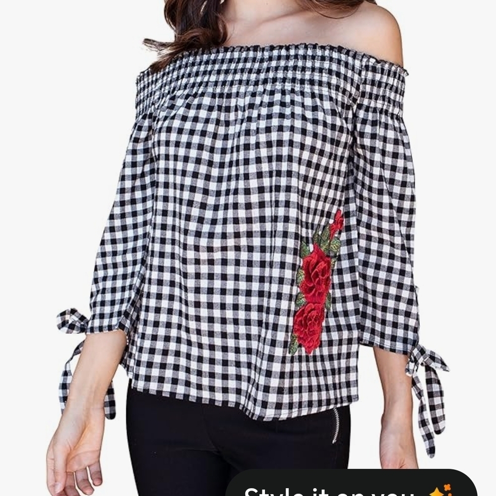 Gypsies & Moindust Gingham Off The Shoulder Floral Applique XL Black White